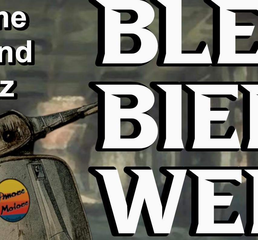 Ein alter Roller mit einem gelben Aufkleber wird vor einem grünen Hintergrund dargestellt. Der Text im Bild lautet: Blechbierwein, 20. Juni 2026, ab 11 Uhr, Gasthof Stelzer-Wirt Stadtbergen 130, 8280 Fürstenfeld.