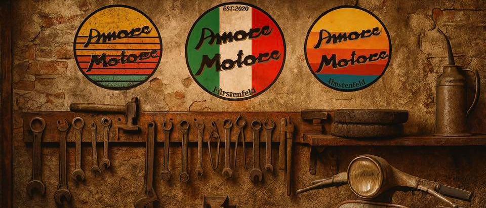 Vintage-Garage mit italienischen Flaggen und Werkzeugen. Ein Motorrad ist geparkt. Drei runde Schilder mit dem Text 'Amore Motore'.