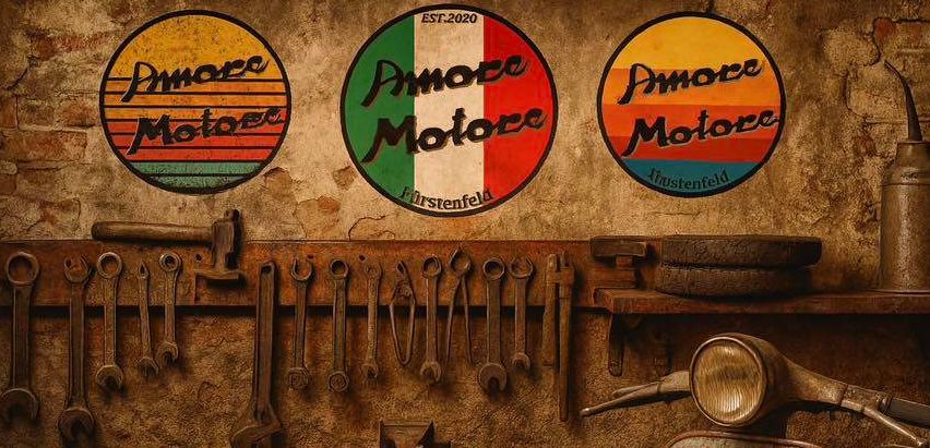 Vintage-Garage mit italienischen Flaggen und Werkzeugen. Ein Motorrad ist geparkt. Drei runde Schilder mit dem Text 'Amore Motore'.