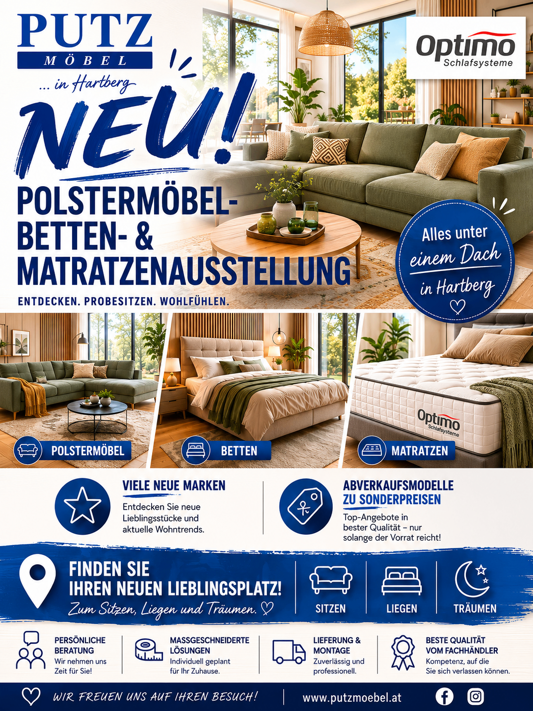 Ein Werbeposter für ein Möbelgeschäft, das eine Couch, ein Bett und Matratzen unter einem Dach zeigt. Entdecken, probieren, fühlen. Viele neue Marken, besondere Wohnstücke und aktuelle Wohntrends. Top-Angebote in bester Qualität - solange der Vorrat reicht!