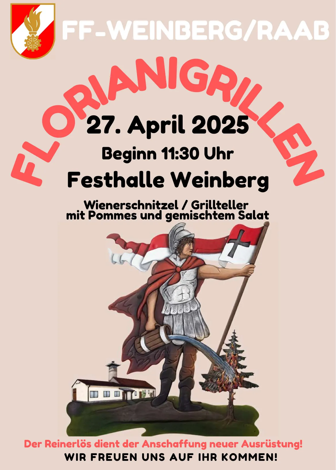 Plakat für das Florianigrilen-Event am 27. April 2025. Es zeigt eine Zeichnung eines Soldaten mit Flagge und Schwert.
