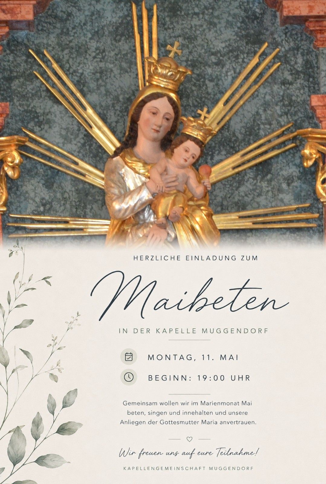 An invitation for May prayer, held at the Muggendorf chapel. The event is on Monday, May 11, starting at 7:00 PM. A statue of the Virgin Mary and baby Jesus adorns the background.