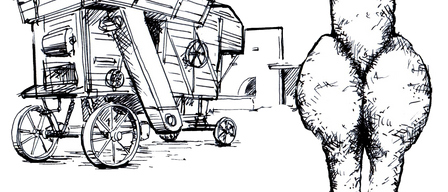 Eine Schwarz-Weiß-Zeichnung zeigt einen Kamel, das neben einem Wagen mit Rädern steht. Der Wagen hat einen Behälter, der daran befestigt ist.