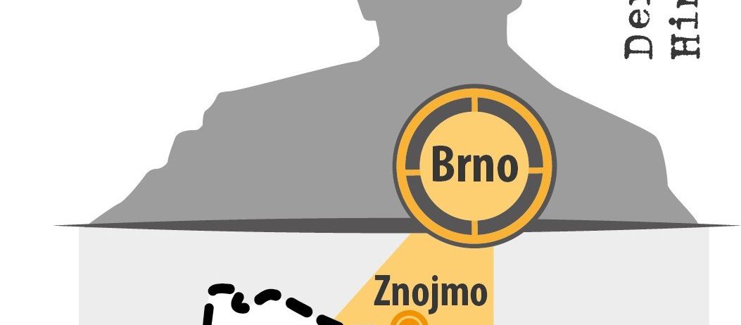 Eine Karte mit der Silhouette eines Mannes, einem gelben Scheinwerfer und dem Wort 'Brno'. Das Jahr '1938' steht oben. Eine gestrichelte Linie verbindet Znojmo mit Linz und Wien.