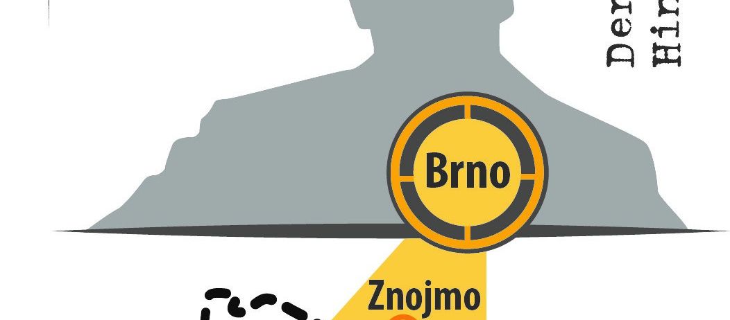 Ein Plakat mit der Silhouette eines Mannes über der Aufschrift 'Sommer 1938' und 'Der Hitlermann', darunter ein gelber Lichtstrahl mit den Worten 'Brno', 'Znojmo' und 'Wien'.