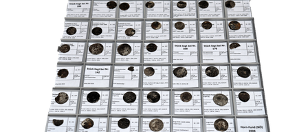 A collection of coins displayed in a grid format, each with a label and identification number. Each coin has an accompanying description of its production year and weight. The coins are arranged in rows and columns.