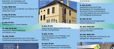 Event poster for Zeitbrücke Museum. It features a schedule of events from May 5 to May 27, including a special event at 10:00 on May 9 and a talk by Martin Obenaus at 14:00 on May 9.