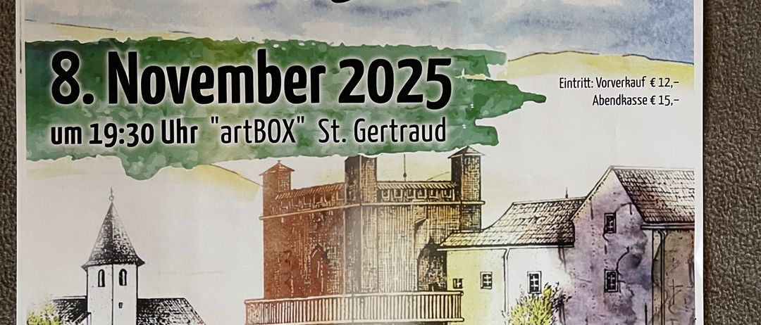 Plakat für das 3. Sänger- und Musikertreffen 'Urban See' am 8. November 2025 um 19:30 Uhr in artBOX, St. Gertrude. Eintritt: 12 Euro tagsüber, 15 Euro abends. Gastgeber: Petra und Jana Maier. Mitwirkende: Blasensemble der Stadtkapelle Bad St. Leonhard, Männerchor der Grenzwacht Lavamund und Sprecherin Edith Kienzl.