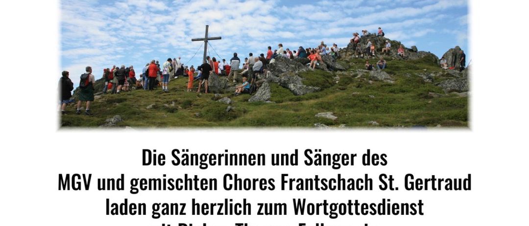 Ein Plakat für einen Gottesdienst am Zingerlekreuz am 9. August 2026 mit einem Kreuz auf einem Hügel, um das sich Menschen versammelt haben.