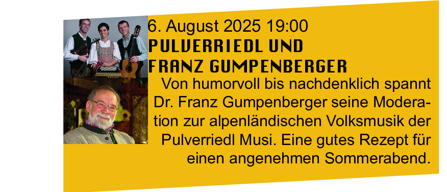 Die Schlosskapelle wurde umfassend saniert. Am 3. Mai kann sie durch Bischof Manfred Scheuer geweiht werden. Woolgrass, eine Band bekannt für ihre irische Folkmusik, wird am 31. Mai in der Schlosskapelle auftreten. Die Kirche ist der Kultur verpflichtet. Die Schlosskapelle wird jeden ersten Mittwoch in den Sommermonaten erklingen.