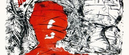 Eine abstrakte Kunst mit roter Silhouette einer Figur, umgeben von schwarzen und weißen Linien und Kurven.