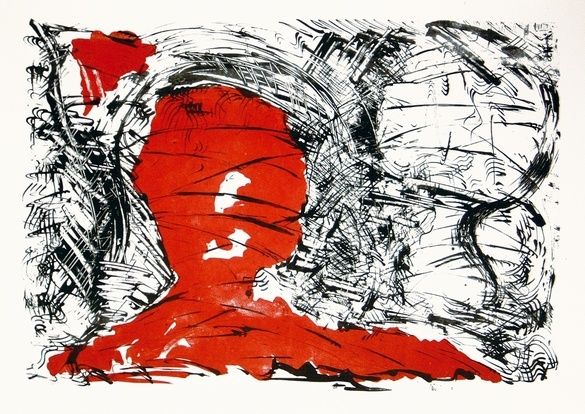 Eine abstrakte Kunst mit roter Silhouette einer Figur, umgeben von schwarzen und weißen Linien und Kurven.