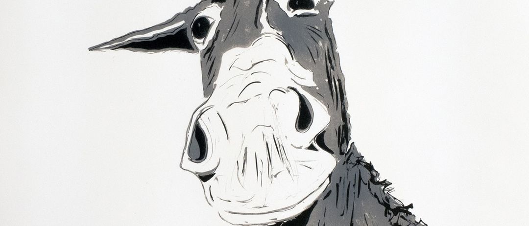 Eine schwarz-weiße Illustration des Kopfes eines Esels mit großen Ohren, einem weißen Schnauze und ausdrucksstarken Augen.