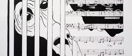A monochromatic drawing featuring a close-up of a face behind bars. The face has large, expressive eyes. Adjacent to the face, there is a musical score with notes and symbols.