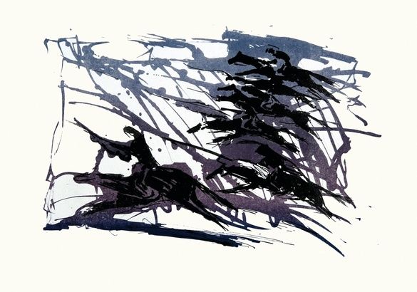 Abstrakte Malerei mit dunklen, wirbelnden Linien und Formen, mit einer prominenten schwarzen pferdeartigen Figur.