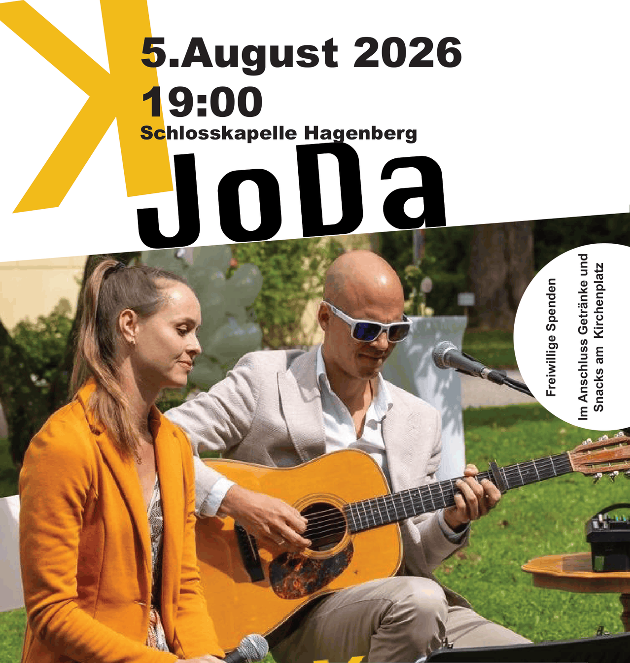 Ein Plakat für eine musikalische Veranstaltung mit einem Mann und einer Frau. Der Mann spielt Gitarre, während die Frau ihn ansieht. Das Plakat hat Datum, Uhrzeit und Ort.