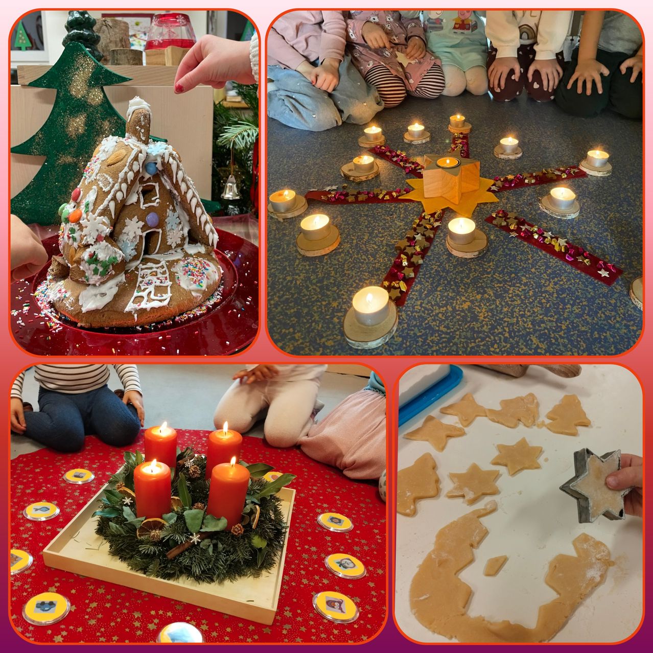 Vier Bilder zeigen Kinderbasteleien und Dekorationen. Erstes, ein Lebkuchenhaus. Zweites, eine sternförmige Kerzenanordnung. Drittes, ein Kranz mit roten Kerzen. Viertes, sternförmiger Cookie-Teig auf einem Tisch.