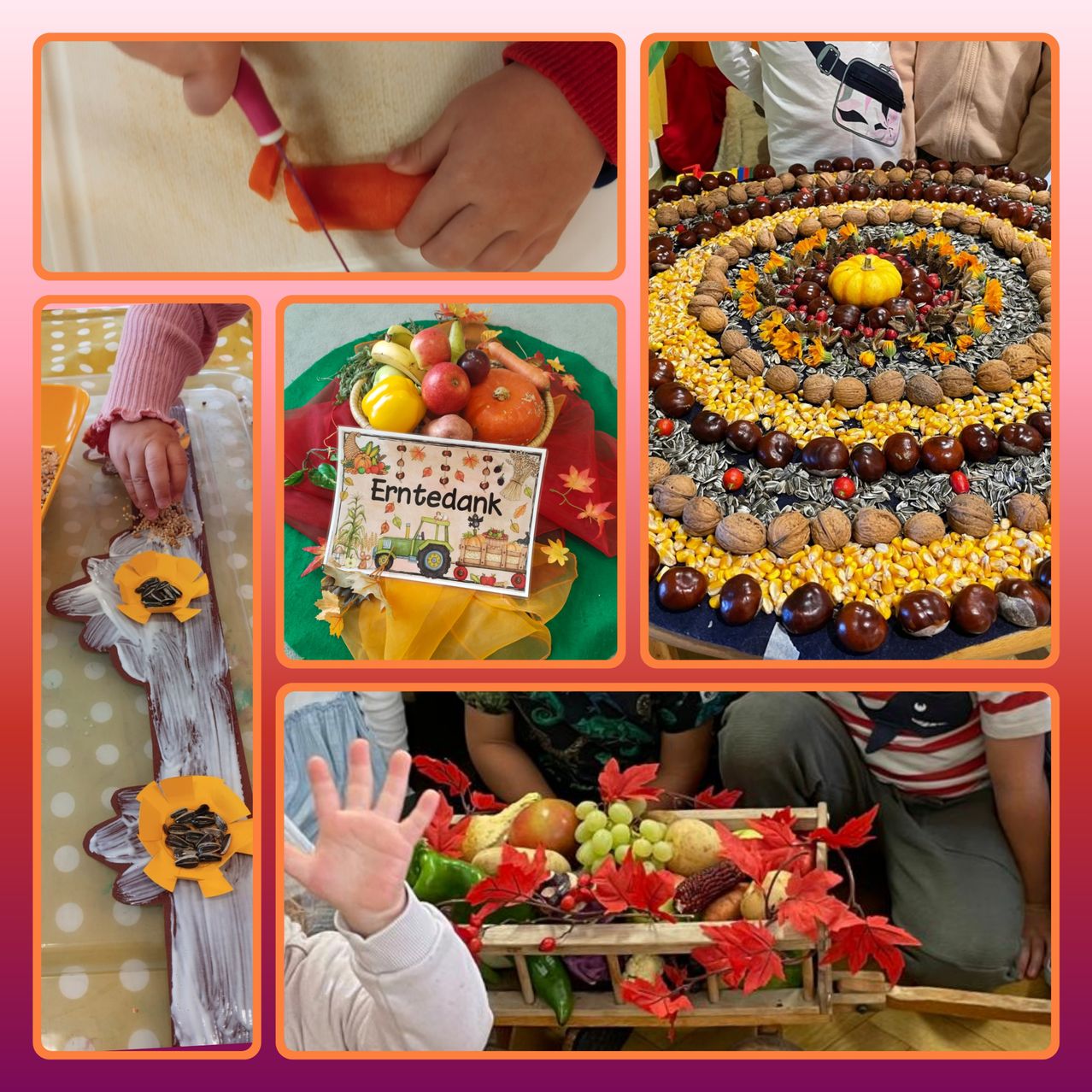Eine Collage von Bildern, die Kinder beim Schneiden von Gemüse, beim Anordnen einer Ernteanzeige und beim Genießen einer Obst- und Gemüseschale zeigt.