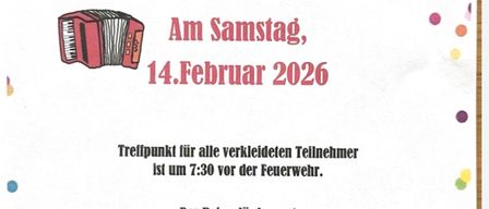 Plakat für die Speckjagd 2026. Sie findet am Samstag, 14. Februar 2026, statt. Treffpunkt für alle verkleideten Teilnehmer ist um 7:30 vor der Feuerwehr. Der Reinerlös kommt der Feuerwehr und den Jungmusikern zugute. Wir bedanken uns im Voraus für Ihre Spenden!