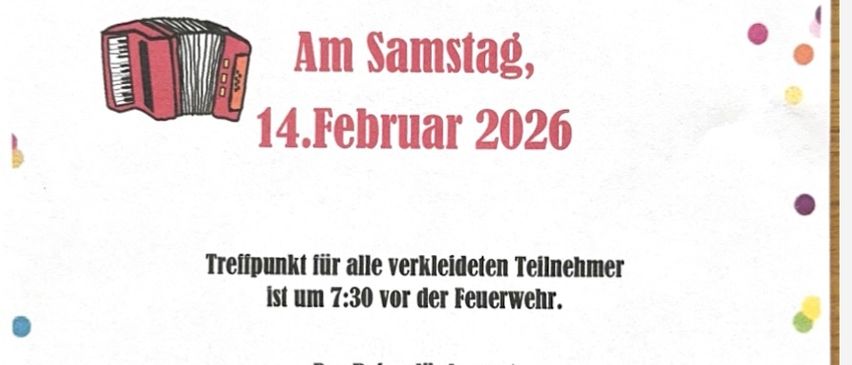 Plakat für die Speckjagd 2026. Sie findet am Samstag, 14. Februar 2026, statt. Treffpunkt für alle verkleideten Teilnehmer ist um 7:30 vor der Feuerwehr. Der Reinerlös kommt der Feuerwehr und den Jungmusikern zugute. Wir bedanken uns im Voraus für Ihre Spenden!