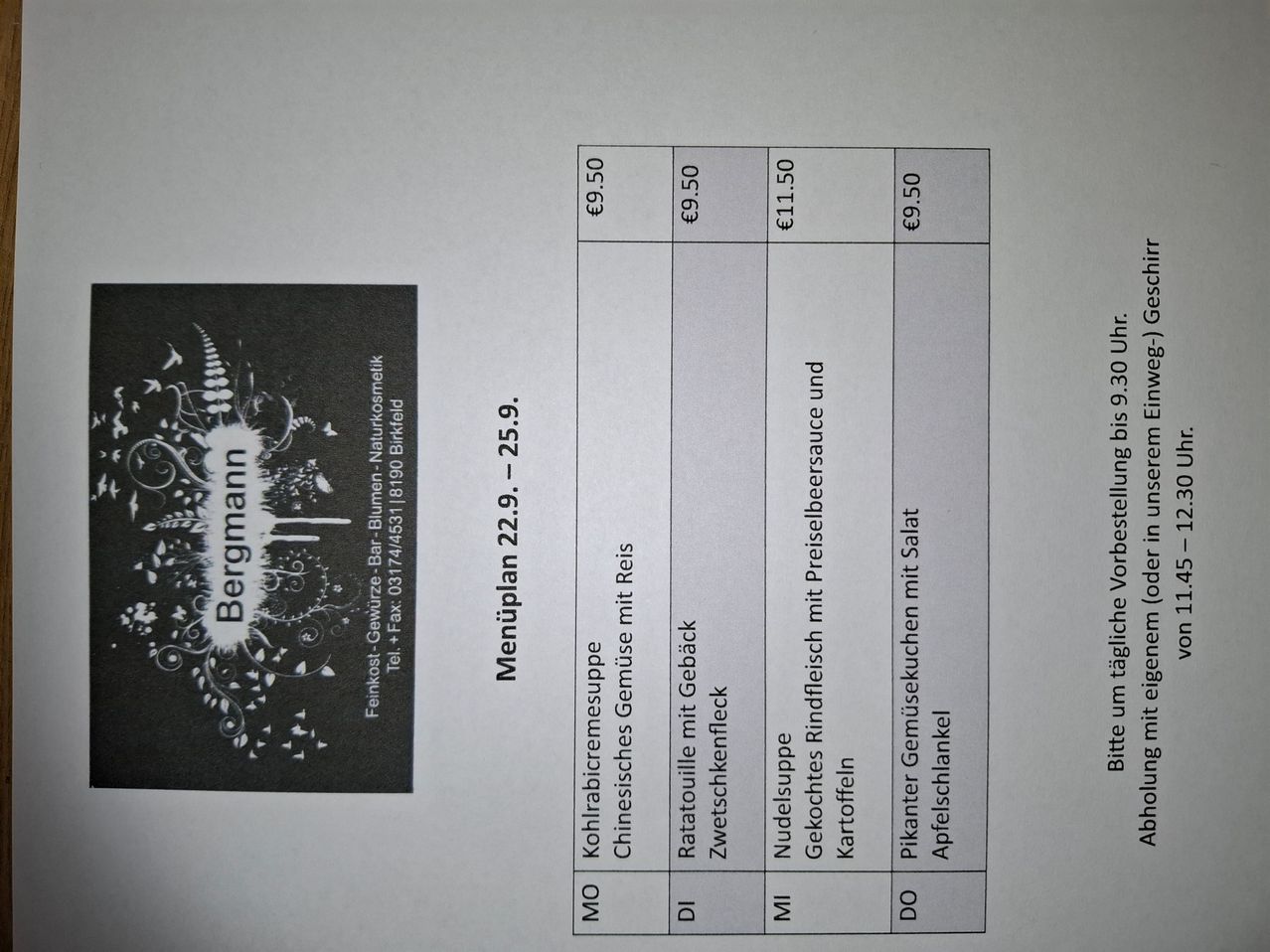 Ein Menüplan mit Preisen für verschiedene Gerichte. Die Preise reichen von 6,50 bis 11,50. Beinhaltet Artikel wie Kohlrabicremesuppe, Zweitschenkenfleck, Nudelsuppe und Kartoffelsalat. Menü ist für den Monat Februar.