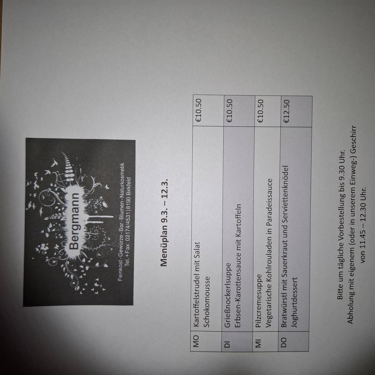 A white menu with prices in Euros, listing menu items like 'Meniplan 9.3-123', and a logo for 'Bergmann'. Prices range from 10.50 to 12.50 Euros.