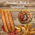Ein Bild zeigt verschiedene Brotsorten, einschließlich Baguettes und eines runden Brotlaibs mit einem festlichen Überlagerungseffekt und Weihnachtsdekoration.