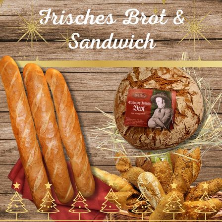 Ein Bild zeigt verschiedene Brotsorten, einschließlich Baguettes und eines runden Brotlaibs mit einem festlichen Überlagerungseffekt und Weihnachtsdekoration.