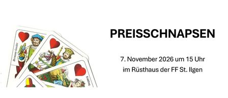 Eine Werbung für eine Veranstaltung namens Preisschina, geplant für den 7. November 2026 im Rusthaus der FF. Das Bild zeigt ein Kartenspiel mit einem roten Herzen auf der linken Seite.