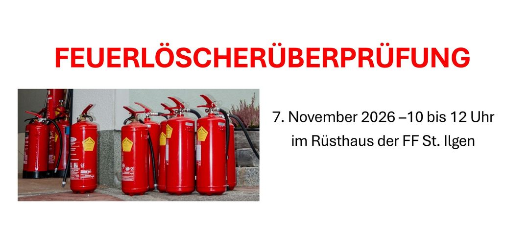 Ein Poster mit roten Feuerlöschern und dem Datum 7. November 2020, mit dem Ort 'im Rusthaus'.