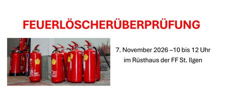 Ein Poster mit roten Feuerlöschern und dem Datum 7. November 2020, mit dem Ort 'im Rusthaus'.