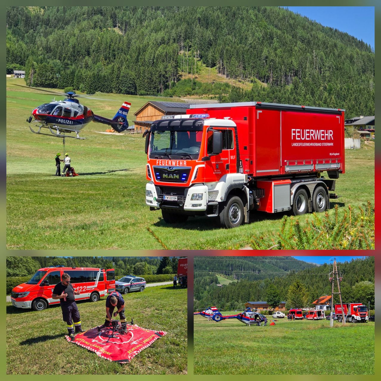 A collage of firefighting vehicles and personnel in a mountainous area. The top image shows a red truck and a helicopter. The bottom left shows a man working on a red mat. The bottom right shows multiple emergency vehicles.