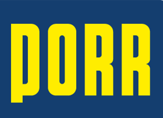 Das Wort PORR in gelben Großbuchstaben auf blauem Hintergrund.