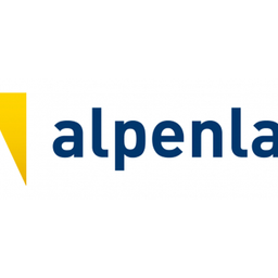 Das Logo für Alpenland, mit einem stilisierten Berggipfel in Blau und Gelb und dem Wort 'Alpenland' in fetter blauer Schrift.