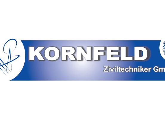 Das Logo für Kornfeld, ein Ingenieurbüro, zeigt ein blaues Emblem mit einem stilisierten 'K' und dem Firmennamen in fetten weißen Buchstaben, mit dem Slogan 'Zivilttechniker GmbH' darunter in kleinerem Text.