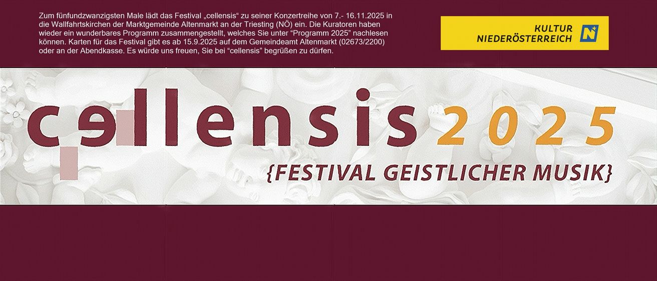 Plakat für das 'cellensis' Festival mit einem dunkelroten und weißen Design, der Text ist in großen roten Buchstaben. Es lädt die Besucher ein, vom 7. bis 16. November 2025 teilzunehmen.