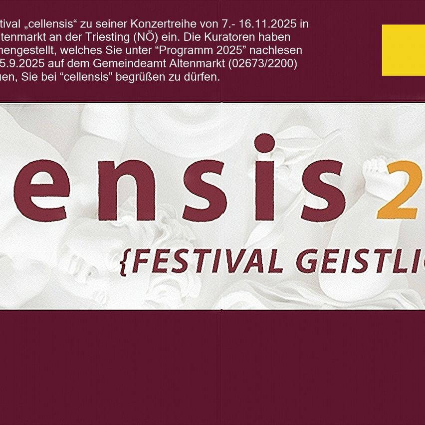 Plakat für das 'cellensis' Festival mit einem dunkelroten und weißen Design, der Text ist in großen roten Buchstaben. Es lädt die Besucher ein, vom 7. bis 16. November 2025 teilzunehmen.