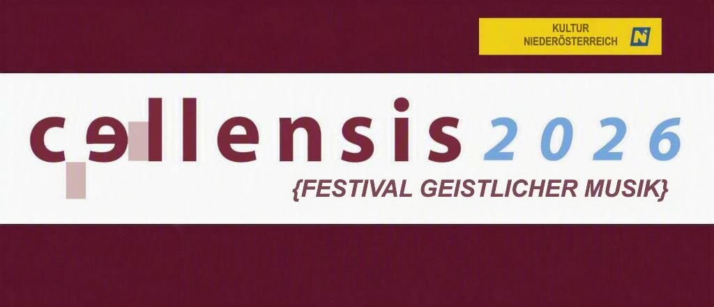 Ein Werbebanner für das Ellensis 2022 Festival mit einem dunkelroten Hintergrund, weißem Text und einem gelben Rand. Der Text lautet 'Ellensis 2022' und 'Festival Geistlicher Musik'.