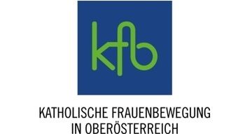 Ein blau-weißes Logo mit grünen Buchstaben lautet 'Katholische Frauenbewegung in Oberösterreich.' Die Buchstaben 'kfb' sind stilisiert in Grün.