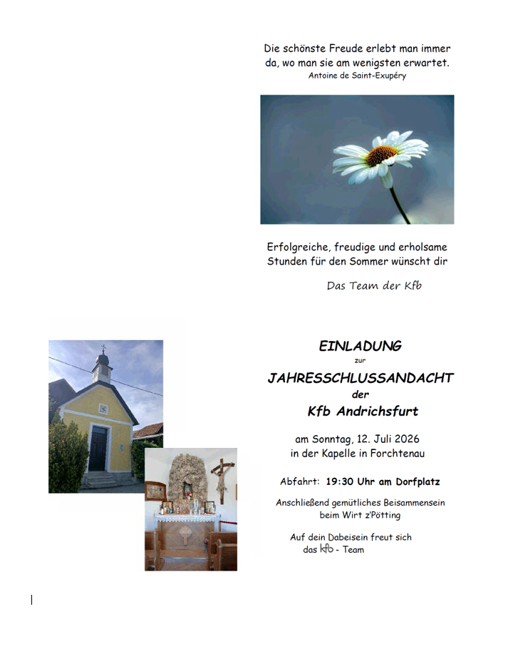 Ein Bild zeigt einen Flyer für eine jährliche Abschlussfeier. Es enthält ein Foto einer Kirche, einen Zitat von Antoine de Saint-Exupéry und Details zur Veranstaltung.
