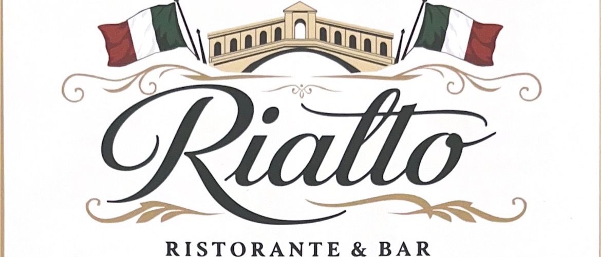 Rialto Logo mit einer Brücke und italienischen Flaggen darüber, darunter steht 'Ristorante & Bar'.