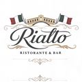 Das Logo für Rialto zeigt eine Bogenbrücke, italienische Flaggen und den Namen in einer dekorativen Schriftart. Darunter wird die Einrichtung als Restaurant und Bar identifiziert.