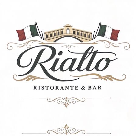 Das Logo für Rialto zeigt eine Bogenbrücke, italienische Flaggen und den Namen in einer dekorativen Schriftart. Darunter wird die Einrichtung als Restaurant und Bar identifiziert.