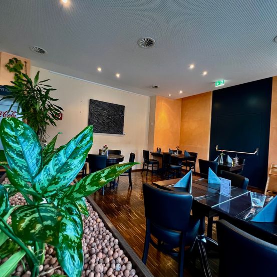 Ein leeres Restaurant mit Holztischen und Stühlen. Die Tische haben blaue Servietten, Teller und Besteck. Links sind Topfpflanzen und ein Coca-Cola-Schild an der Wand.