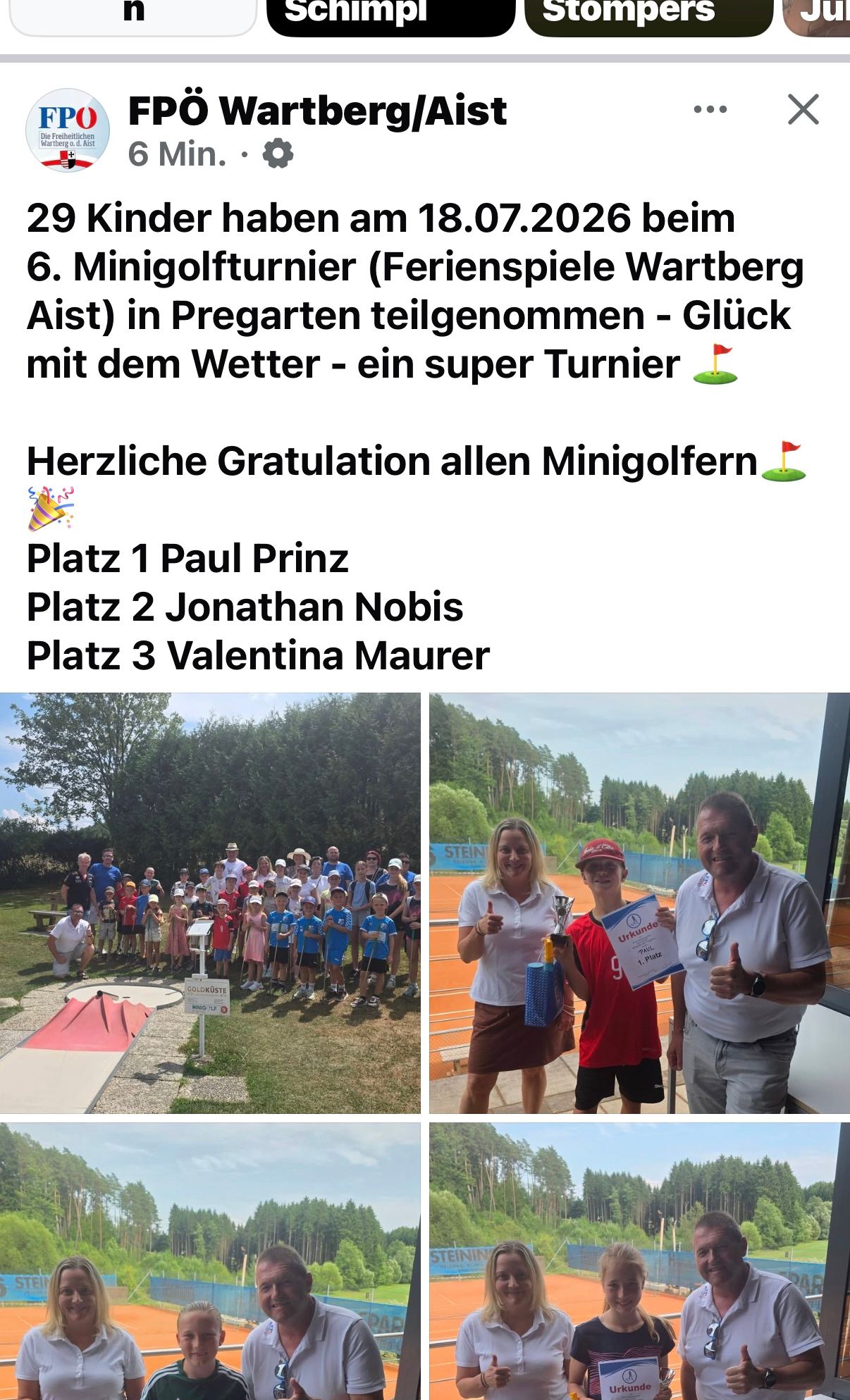 Eine Collage aus zwei Bildern, eines zeigt eine Gruppe von Kindern und Erwachsenen, die sich für ein Minigolf-Event versammelt haben, das andere zeigt eine Frau und einen Jungen, die ein Zertifikat und einen Pokal halten. Der Textüberlagerung lautet 'Herzliche Gratulation allen Minigolfern' und listet die ersten drei Gewinner auf.