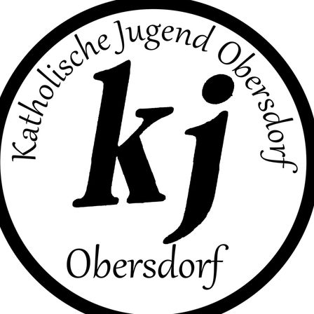 Das Logo für Katholische Jugend Obersdorf ist kreisförmig mit den Buchstaben KJ in der Mitte und Obersdorf darunter geschrieben.