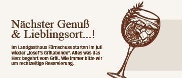 Ein Werbeplakat für ein Weinglas mit einem Getränk und Essen. Es steht 'Nächster Genuss & Lieblingssort...!' und 'Grillabende bei Joseph'. Es enthält eine Tabelle mit Terminen und Preisen.