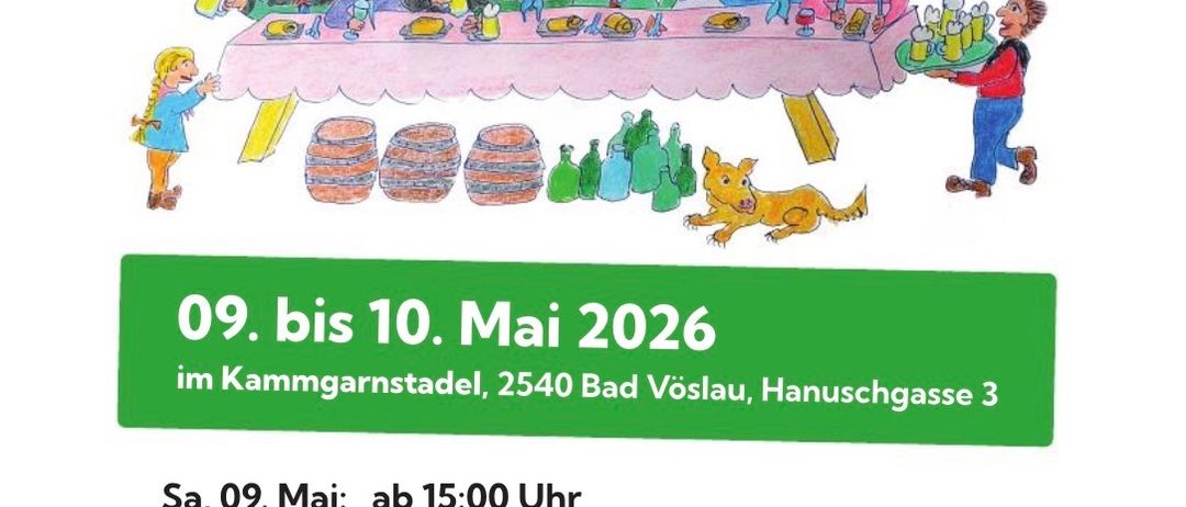 Plakat zur Werbung für das 37. Strudelheurigen-Event. Termine sind vom 9. bis 10. Mai 2026. Der Veranstaltungsort ist Kammgarnstadel, 2540 Bad Vöslau, Hanschgasse 3. Veranstaltungen umfassen Thomas Haydns Auftritt ab 15:00 Uhr und Brass-Frühschopppen ab 11:00 Uhr.