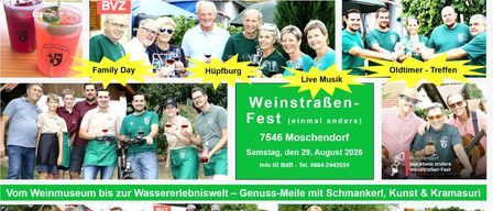 Ein Veranstaltungsposter für Weinstraßen-Fest am 29. August 2026 in Moschendorf. Es zeigt Bilder von Menschen in grünen Shirts, Weingläsern und einem kostenlosen Eintrittsschild.