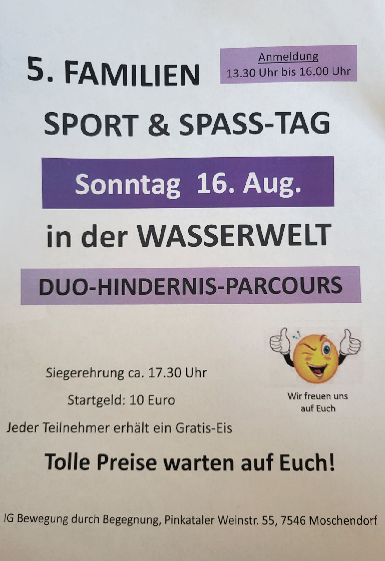 Poster for Sport & Spas-Tag event on August 16th. Features duo-hindernis-parcours, starts at 17:30, costs 10 Euros. Free ice for each participant.
